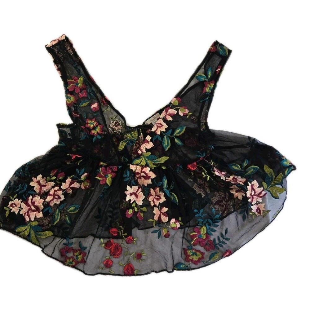 Ecote Black Floral Baby Doll Embroidered Top XS Boho Indie Layering Piece - Picture 4 of 11